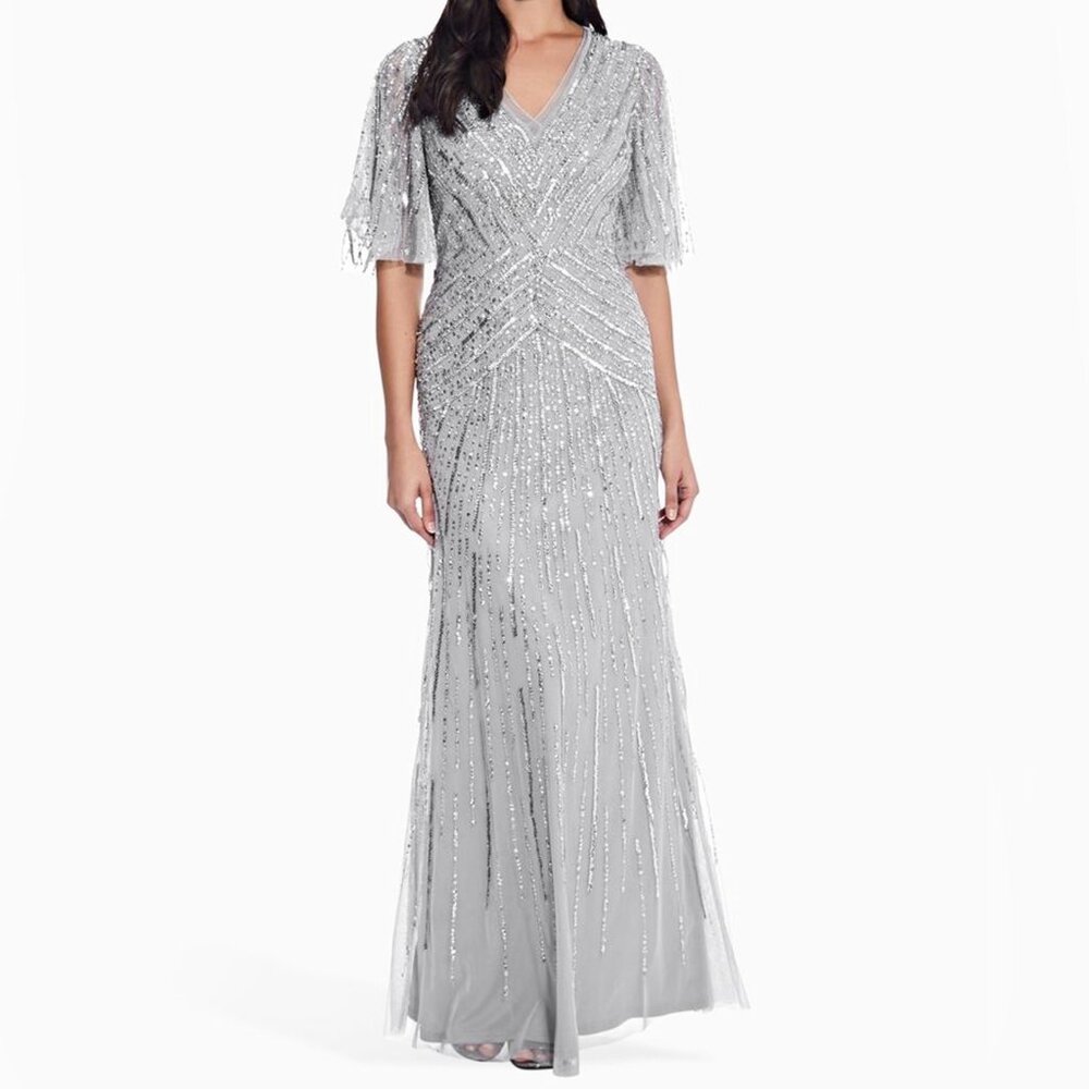 Adrianna Papell Flutter Sleeve Beaded Gown in Silvermist